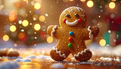 galleta de jengibre con expresión alegre bailando de forma divertida. La galleta tiene glaseado blanco detallado, botones de colores y un aspecto brillante como recién horneada.