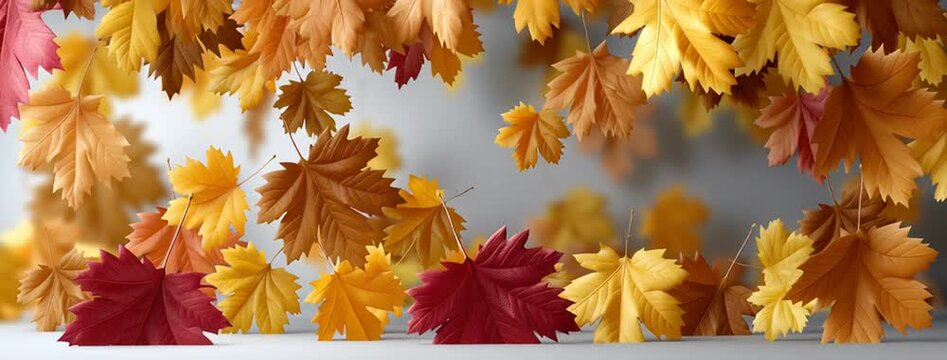 Bright red, yellow, and orange leaves drift down gracefully, showcasing the beauty of autumn in vibrant colors against a soft background