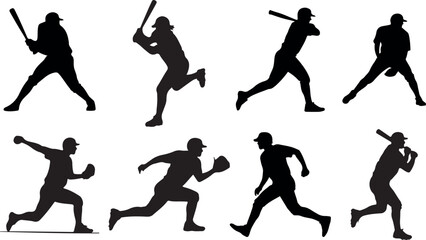 Baseball player silhouettes set showing batting, pitching, running, and fielding action poses