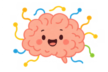 Cute cartoon brain with happy face and neural connections, symbolizing intelligence, learning, and thought process