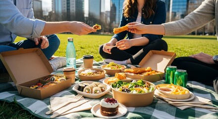 People enjoying a picnic outdoors with various food items on a blanket.