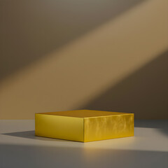 Minimalist Golden Cube Pedestal for Product Display in a Beige Studio, Featuring Dramatic Sunlight and Shadow Effects.