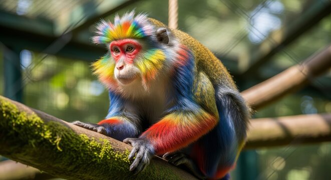 A vibrant and colorful monkey perched on a branch, showcasing its unique and striking appearance.