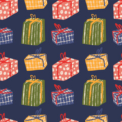 Seamless pattern blue and green box with a red bow on top on a blue background, vector illustration