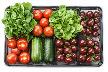 Assortment of fresh salad ingredients: butter lettuce, bright red tomatoes, dark red cherry tomatoes, and cucumbers in plastic container.