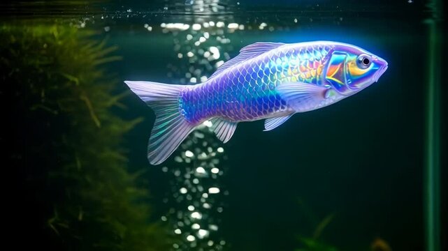 Vibrant Iridescent Blue Fish Swims Gracefully in a Dark Aquarium with Bubbles.