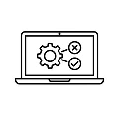 Laptop screen displaying unit testing icon with gears and checkmarks  