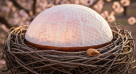 Ethereal Domed Cake Wrapped in Fine Thread in a Bird's Nest
A striking, hemispherical cake, possibly white chocolate or mousse, wrapped entirely in a delicate