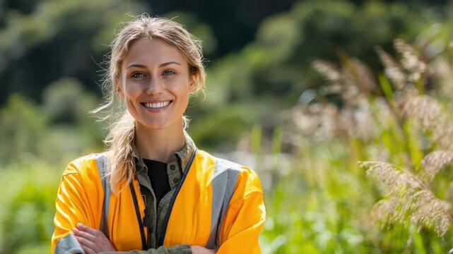 Smiling Environmentalist Portrait: A confident and radiant environmentalist stands amidst a lush landscape, embodying a dedication to preserving the planet and showcasing the beauty of nature.