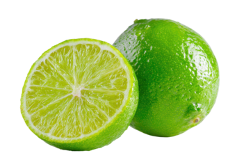 Two vibrant limes, one whole and one halved, showcasing juicy interior
