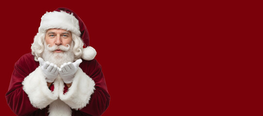 Cheerful elderly man dressed as Santa Claus, with a fluffy white beard and red suit, extending hands forward, creating a festive atmosphere with copy space for holiday greetings