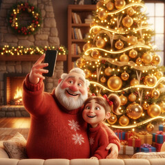 A grandfather and granddaughter take a selfie in front of a Christmas tree.