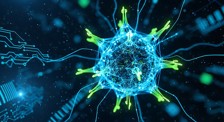 Digital neuron representation with glowing connections and circuit elements, symbolizing ai technology, data network.