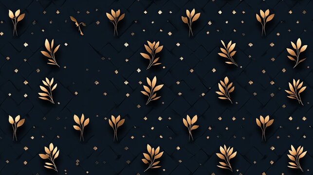 This highly detailed blue damask background features a luxurious metallic gold floral pattern, perfect for various design projects SEAMLESS PATTERN