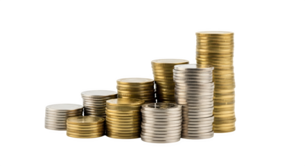 Stacks of gold and silver coins arranged in a rising graph shape isolated on transparent background