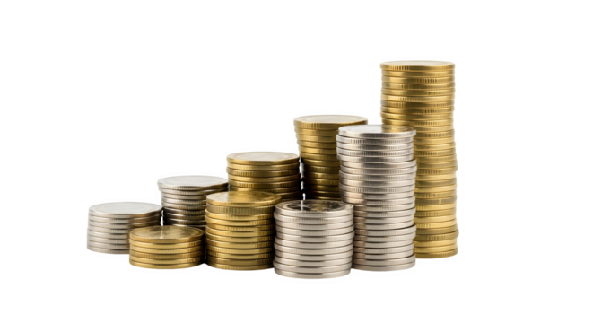 Stacks of gold and silver coins arranged in a rising graph shape isolated on transparent background - Powered by Adobe