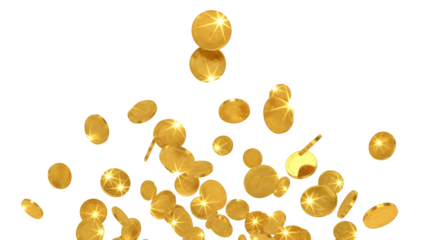 A cascade of golden coins falling and spinning isolated on transparent background