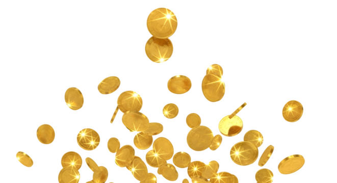 A cascade of golden coins falling and spinning isolated on transparent background