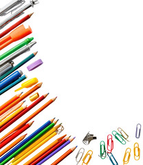 Fototapeta premium Colorful stationery items arranged in a corner