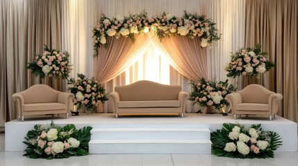 A beautifully designed wedding stage features an Arabic-style sofa, floral decorations, and elegant drapes, creating a stunning ceremony setting