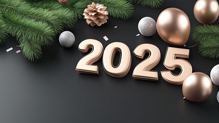 Numbers 2025 in rose gold are surrounded by colorful balloons and confetti on a stylish black background, marking the new year's arrival