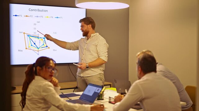 Business colleagues engaged in a productive meeting, listening to a presentation on data analysis and strategy. They are collaborating and sharing ideas in a modern corporate office setting. - Powered by Adobe