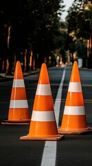 Red and white traffic bollards line a newly asphalted street in a residential area undergoing development on a clear day