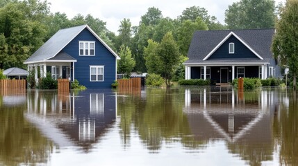 Fototapeta premium A Clipper's house is submerged in water after a flood, surrounded by American townhouses reflecting on the lake's surface