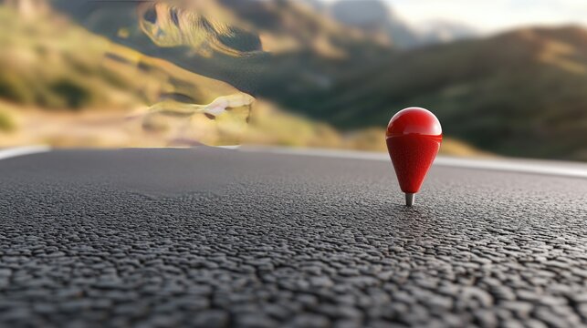 A vibrant red location pin stands prominently on a green patch of grass beside a winding asphalt road surrounded by lush trees in a blurred backdrop