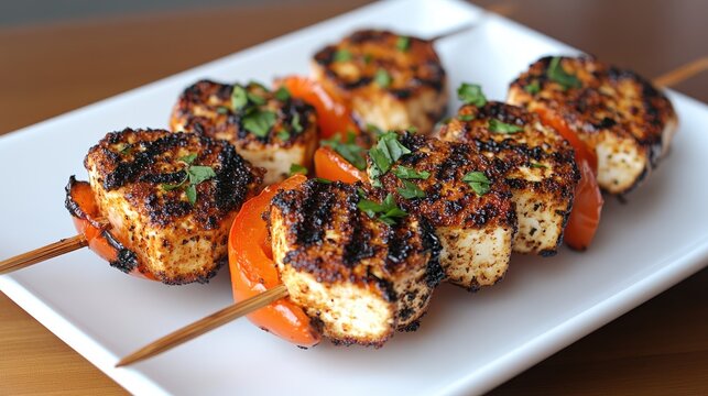 Indulge in flavorful Indian-style tofu skewers grilled to perfection with fresh vegetables, served on a wooden table