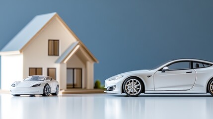 A piggy bank is placed next to a toy house and car on a table with a blue backdrop, leaving space for financial messages