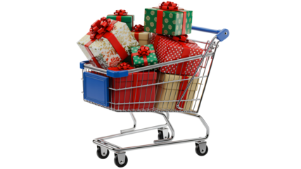 Holiday shopping spree with gifts overflowing from a shopping cart