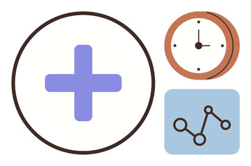 Fototapeta premium Blue medical cross, analog clock, and connected dots on a graph. Ideal for healthcare, time management, analytics, scheduling, productivity research planning. Simple flat metaphor