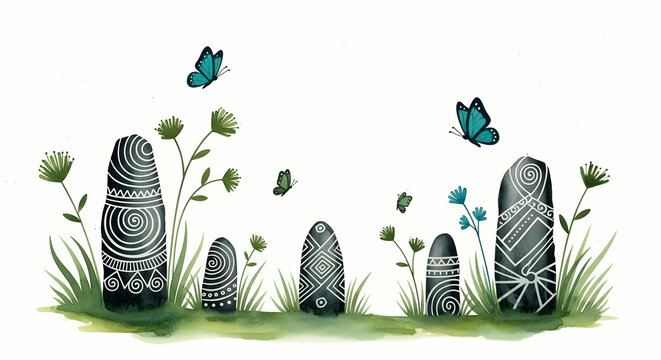 Mystical ancient stones standing in a vibrant meadow with graceful butterflies, embodying timeless traditions and the serene beauty of nature's embrace
