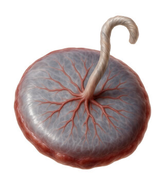 Fetal side of placenta showing a glossy amnion surface and umbilical cord attachment.