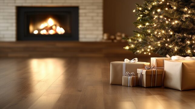 Cozy living room filled with holiday spirit featuring a tall Christmas tree, glowing fireplace, and an array of beautifully wrapped gifts