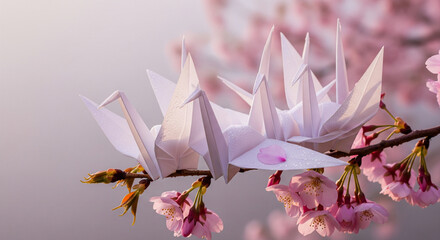 Delicate White Origami Cranes Rest on a Spring Cherry Blossom Branch Two delicate white origami paper cranes are perched gracefully on a branch of a flowering cherry blossom tree (sakura).