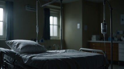 Empty hospital bed in dimly lit patient room with IV stands