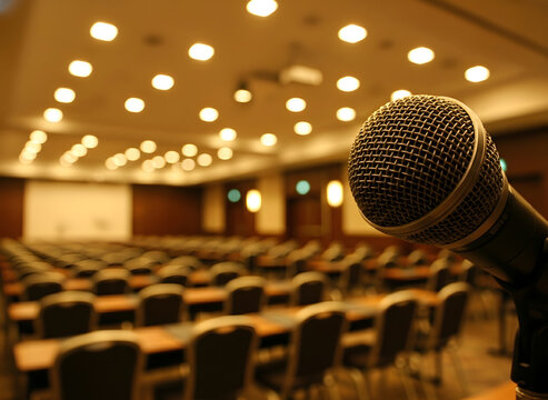 Professional microphone ready on stand in empty conference hall.