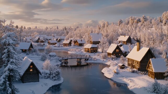 Ancient wooden houses in village lie under soft snow, illuminated by golden sunlight, with a winding river enhancing the winter charm - Powered by Adobe