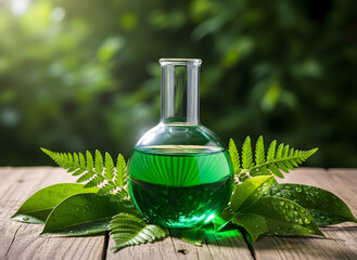 Organic green liquid in scientific flask with plants on wood table
