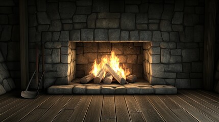 The stone fireplace radiates warmth as flames dance above the glowing firewood, filling the room with a comforting atmosphere