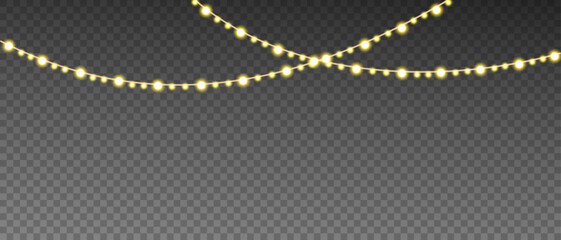 Soft warm yellow glowing string lights garland with varied bulb sizes on curved wires, festive illumination vector overlay for holiday, wedding, or celebration decoration on transparent background
