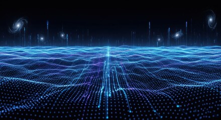 Abstract digital wave field with glowing blue particles and distant galaxies.