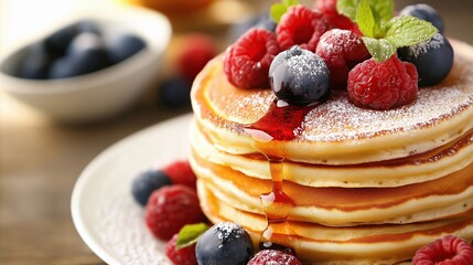 A stack of fluffy pancakes dusted with maple syrup and topped with fresh berries creating an inviting breakfast or lunchtime meal composition.