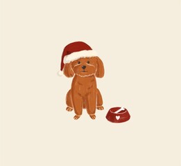 Toy poodle in a santa hat hand drawn illustration. Cute dog print