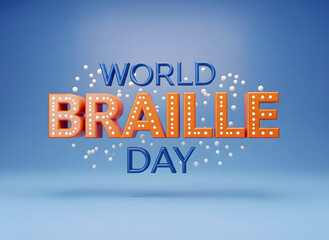 World braille day text with braille dots on a blue background 3d