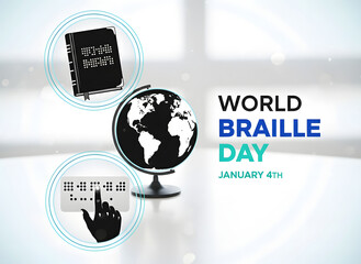 World braille day globe, book, and hand reading accessibility