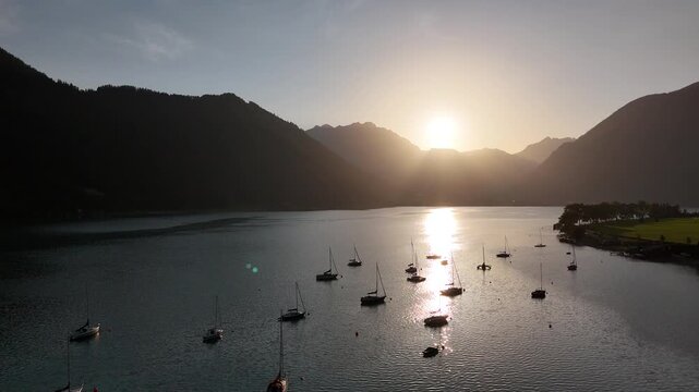 Achensee Lake at sunset, Austria - aerial drone view
