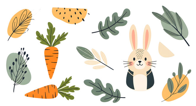 Cute cartoon bunny rabbit with carrots and foliage illustration, perfect for Easter and spring themes